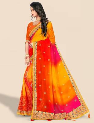 yellow bandhani printed & embroidered poly georgette saree 2