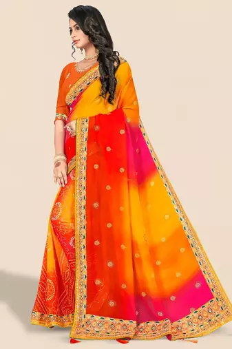 yellow bandhani printed & embroidered poly georgette saree