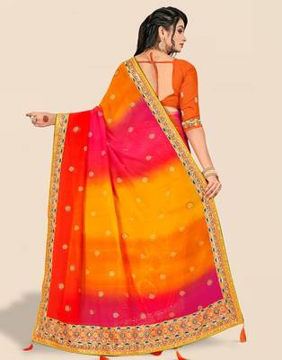 yellow bandhani printed & embroidered poly georgette saree 3