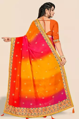 yellow bandhani printed & embroidered poly georgette saree