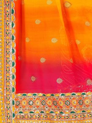 yellow bandhani printed & embroidered poly georgette saree 4