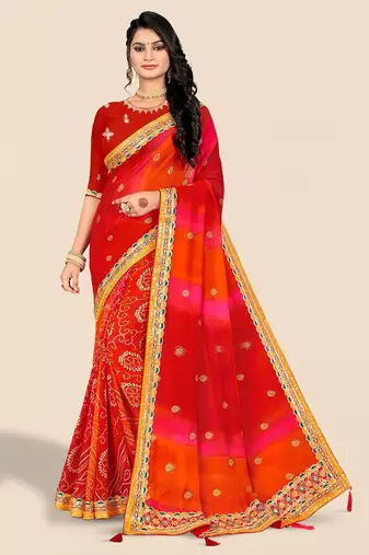 red ethnic motifs printed & embroidered poly georgette bandhani saree
