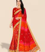 red ethnic motifs printed & embroidered poly georgette bandhani saree