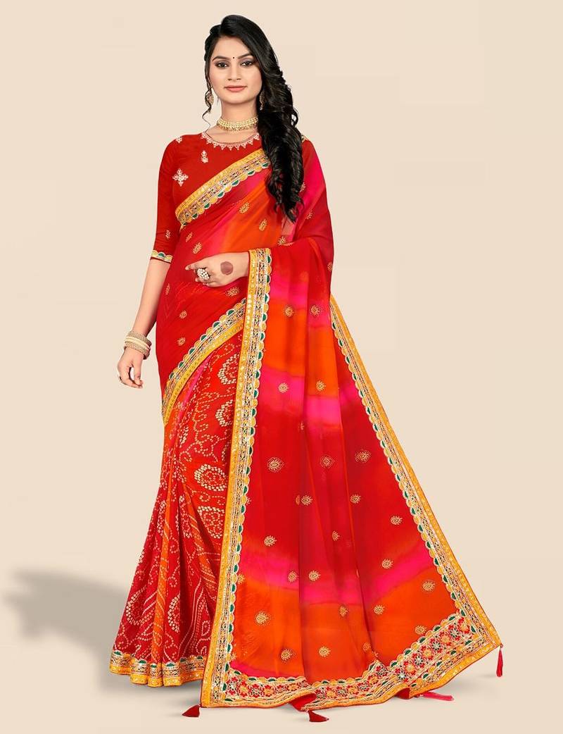 red ethnic motifs printed & embroidered poly georgette bandhani saree