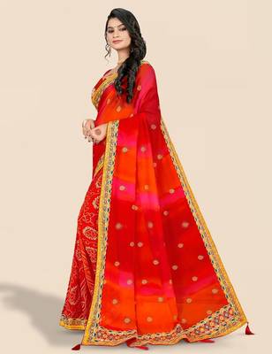 red ethnic motifs printed & embroidered poly georgette bandhani saree 2