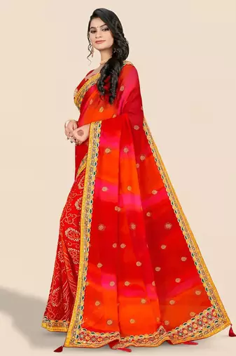 red ethnic motifs printed & embroidered poly georgette bandhani saree