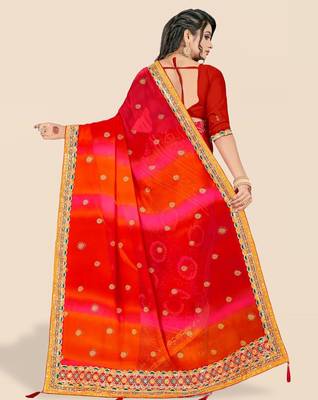 red ethnic motifs printed & embroidered poly georgette bandhani saree 3