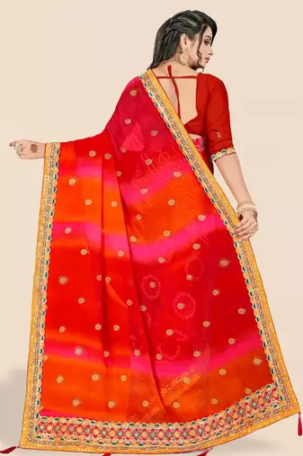 red ethnic motifs printed & embroidered poly georgette bandhani saree