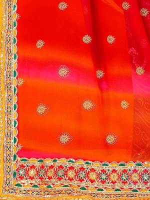 red ethnic motifs printed & embroidered poly georgette bandhani saree 4