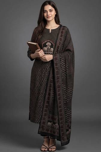 smart women printed kurta with trousers with dupatta