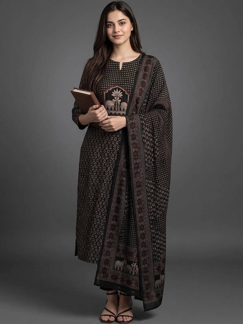 smart women printed kurta with trousers with dupatta