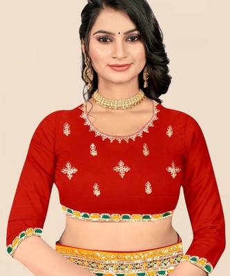 red ethnic motifs printed & embroidered poly georgette bandhani saree 5