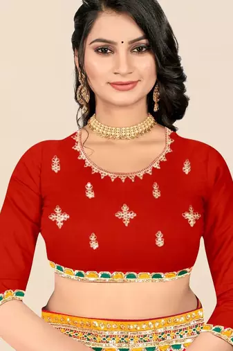 red ethnic motifs printed & embroidered poly georgette bandhani saree