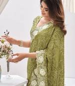 green abstract printed embroidered saree with blouse piece