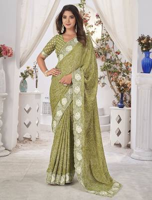 green abstract printed embroidered saree with blouse piece 2