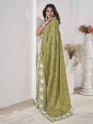 green abstract printed embroidered saree with blouse piece 3