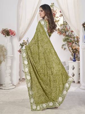 green abstract printed embroidered saree with blouse piece 4