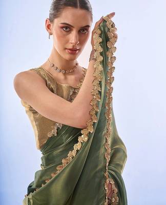 green sequinned organza saree 1