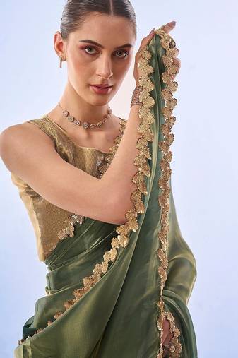 green sequinned organza saree