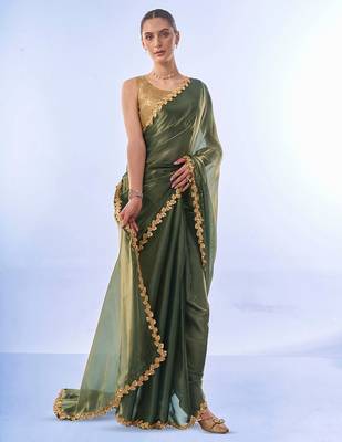 green sequinned organza saree 2