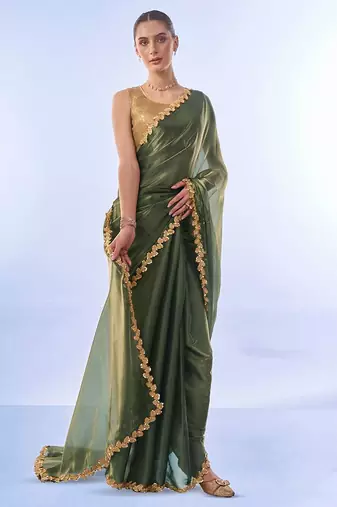 green sequinned organza saree