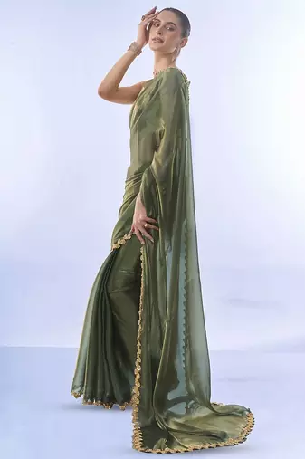 green sequinned organza saree