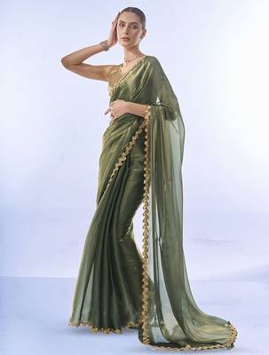 green sequinned organza saree 4