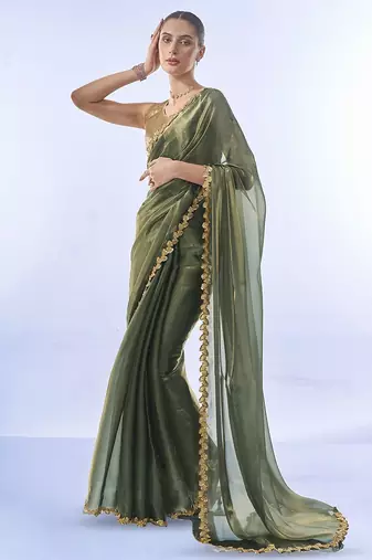 green sequinned organza saree