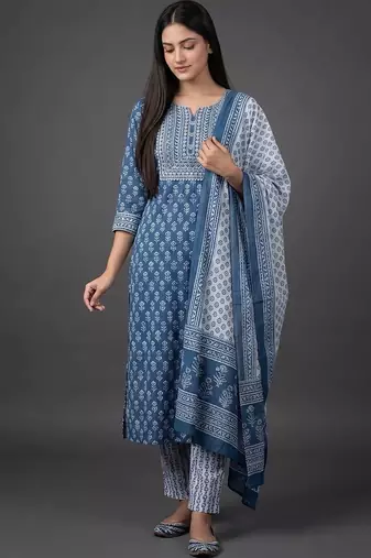 tailored women printed kurta with trousers with dupatta