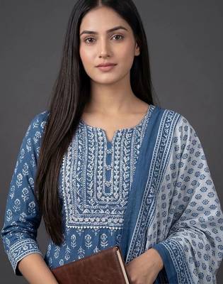 tailored women printed kurta with trousers with dupatta 5