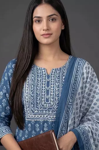 tailored women printed kurta with trousers with dupatta