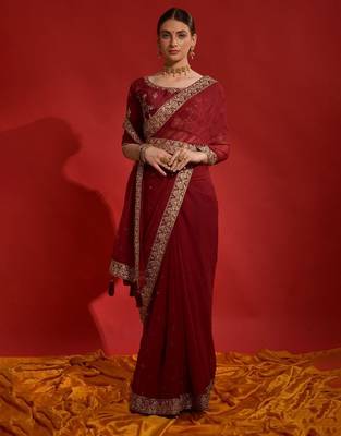 Red ethnic motifs sequinned  saree 4