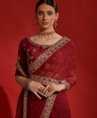Red ethnic motifs sequinned  saree 5