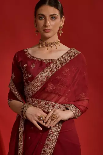 Red ethnic motifs sequinned  saree