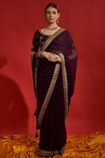Black embellished sequinned designer saree with blouse piece