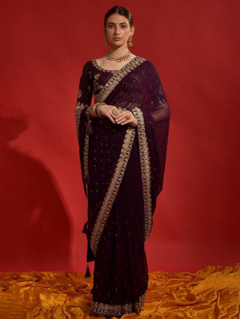 Black embellished sequinned designer saree with blouse piece