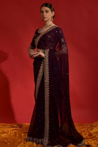 Black embellished sequinned designer saree with blouse piece