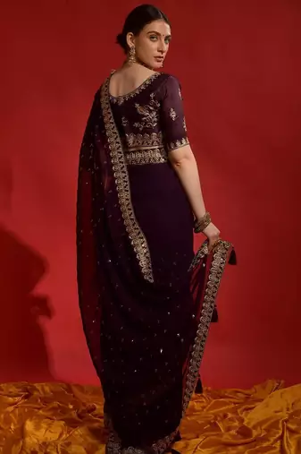 Black embellished sequinned designer saree with blouse piece