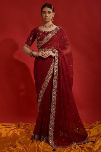 red sequinned poly georgette designer saree