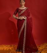 red sequinned poly georgette designer saree