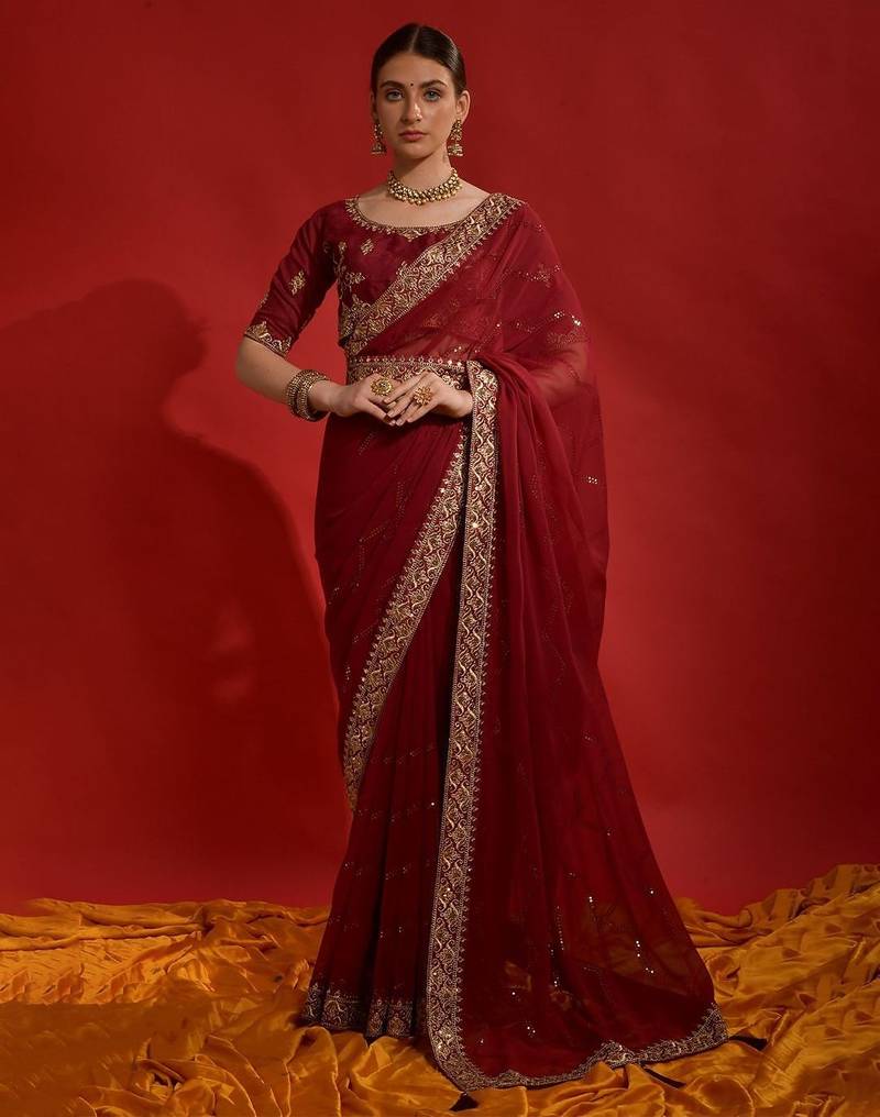 red sequinned poly georgette designer saree