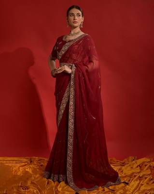 red sequinned poly georgette designer saree 2