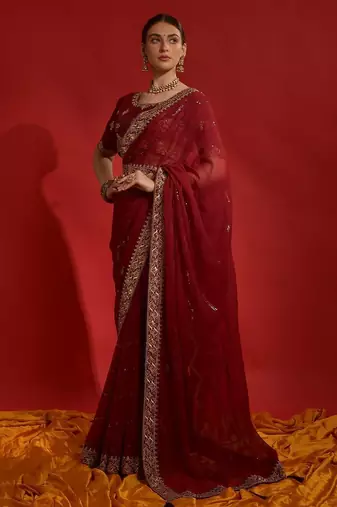 red sequinned poly georgette designer saree