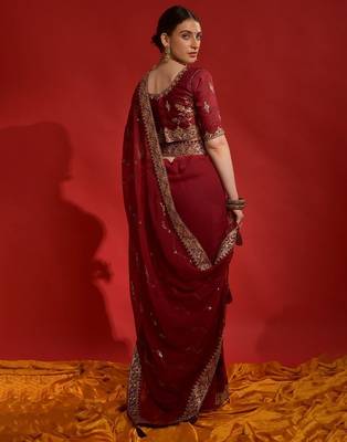 red sequinned poly georgette designer saree 3