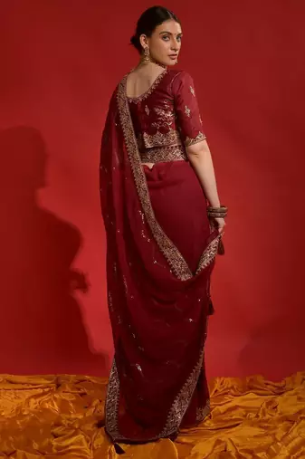 red sequinned poly georgette designer saree