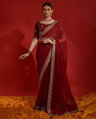 red sequinned poly georgette designer saree 4