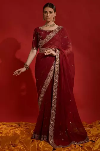 red sequinned poly georgette designer saree