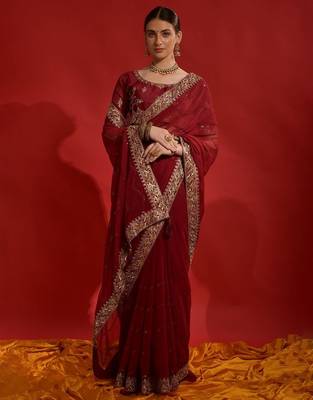 red sequinned poly georgette designer saree 5