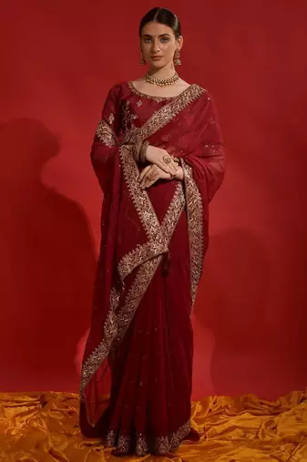 red sequinned poly georgette designer saree