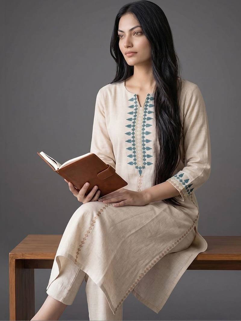 smart women embroidered kurta with trousers